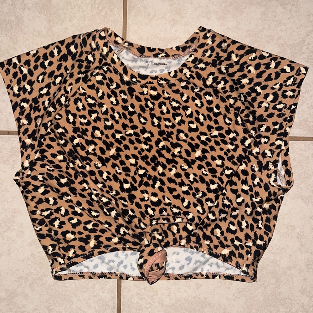 Aerie Crop Sleeve Bathing Suit Top, Size Large, Cheetah Print Black/Tan